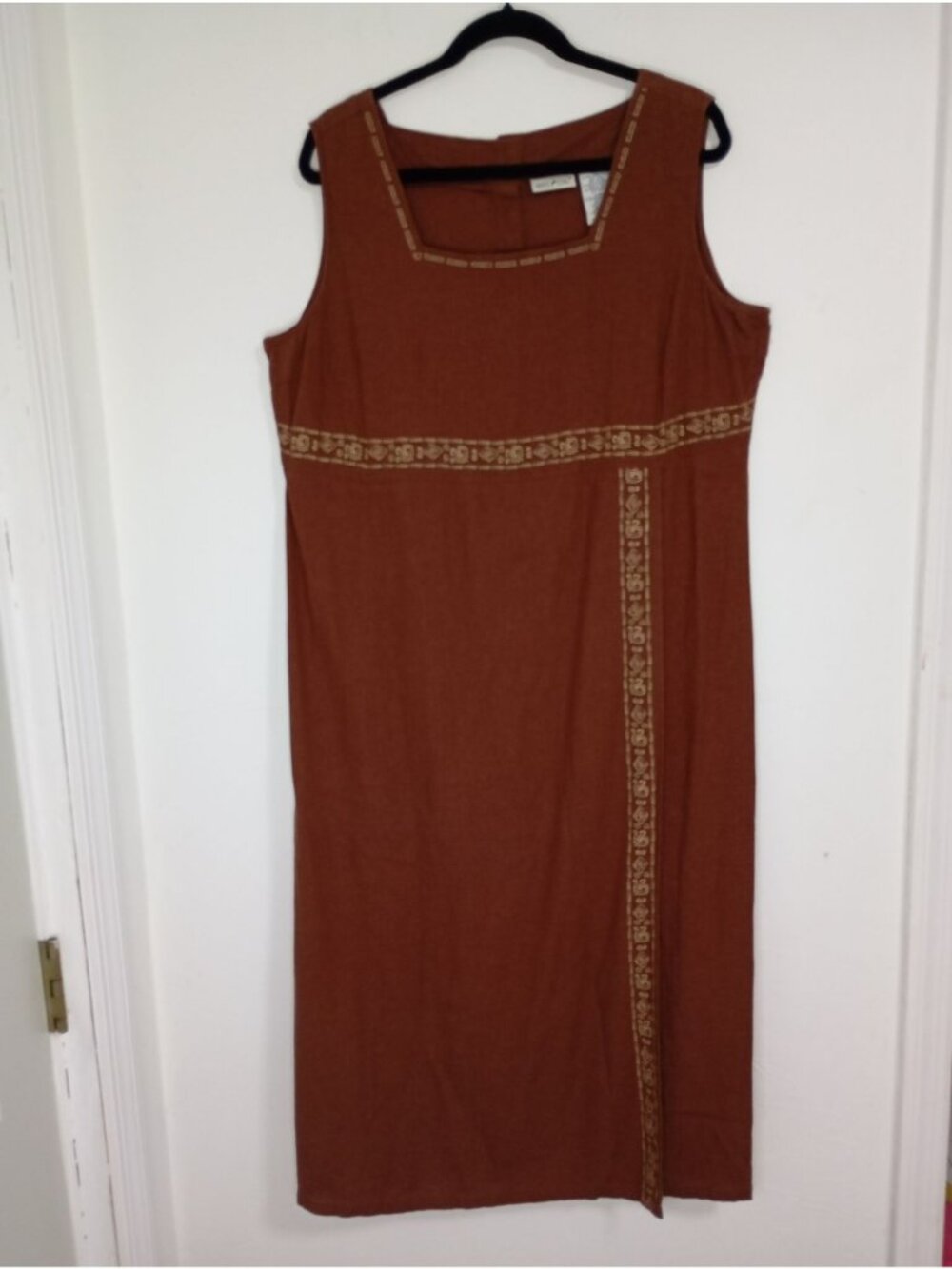 White Stag Ladies Brown Maxi Dress XL 16/18 Linen Blend Embroidered Trim